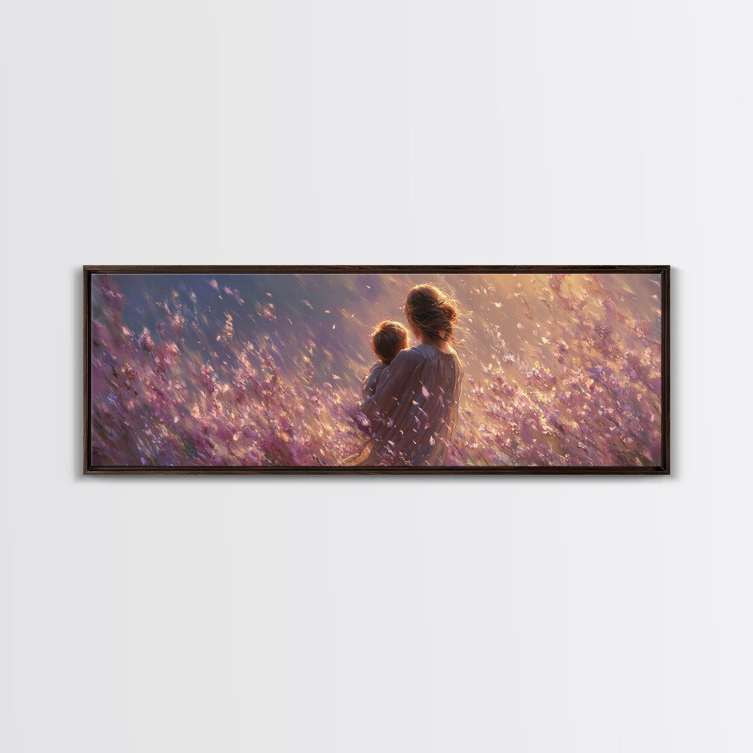 Mother Holding Child In Purple Wildflower Meadow Framed Canvas Print, Romantic Floral Wall Art, Nursery Decor, Gift For Mom