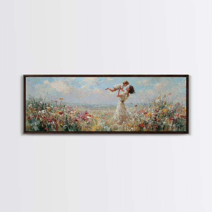 Mother Lifting Baby By Seaside Wildflowers Wall Art, Impressionist Coastal Canvas Print, Nursery Decor, Mothers Day Gift