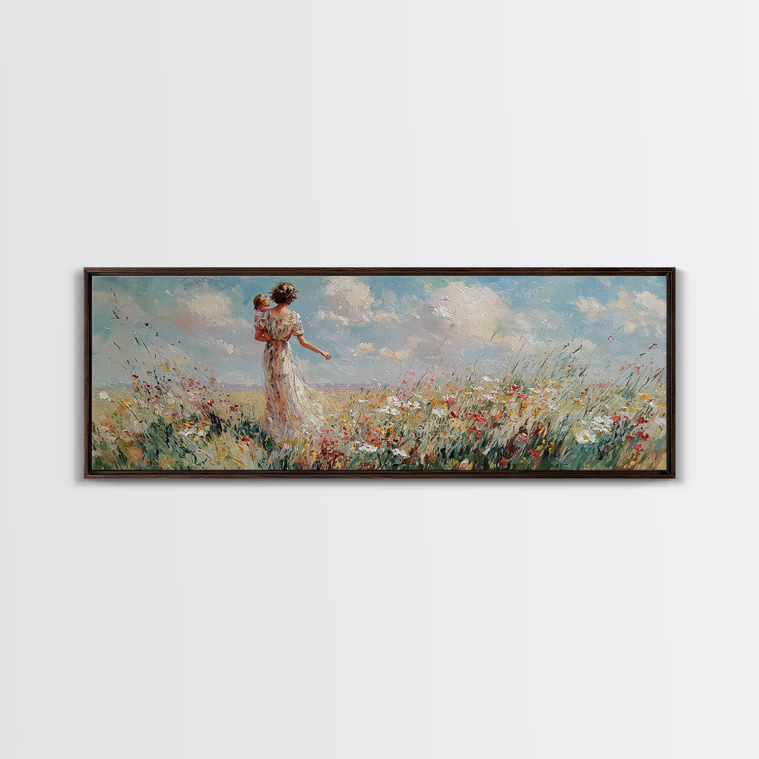 Mother Carrying Baby Through Wildflower Meadow Wall Art, Impressionist Landscape Canvas Print, Nursery Decor, Gift For Mom