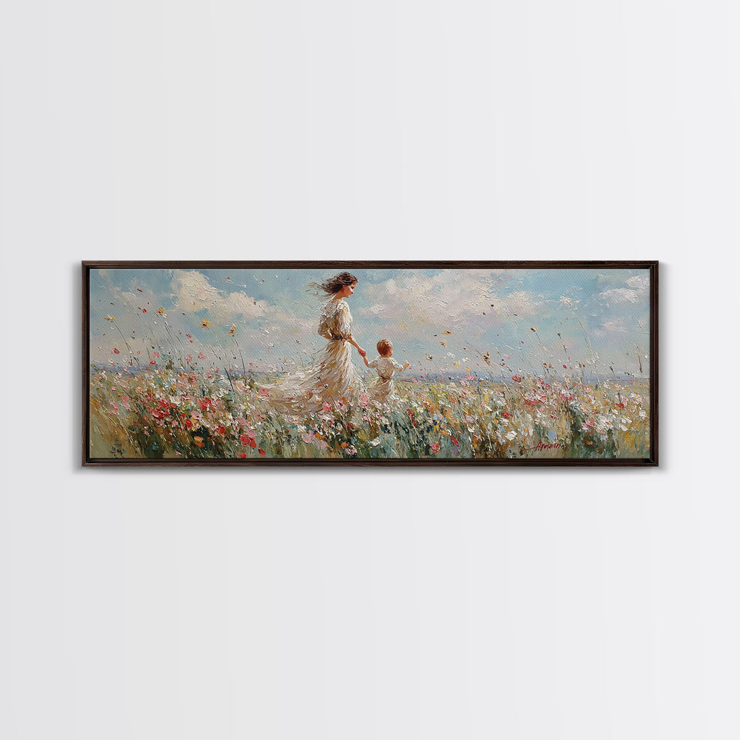 Mother And Child Walking Through Wildflowers Wall Art, Impressionist Meadow Canvas Print, Nursery Decor Gift For Mom And Her