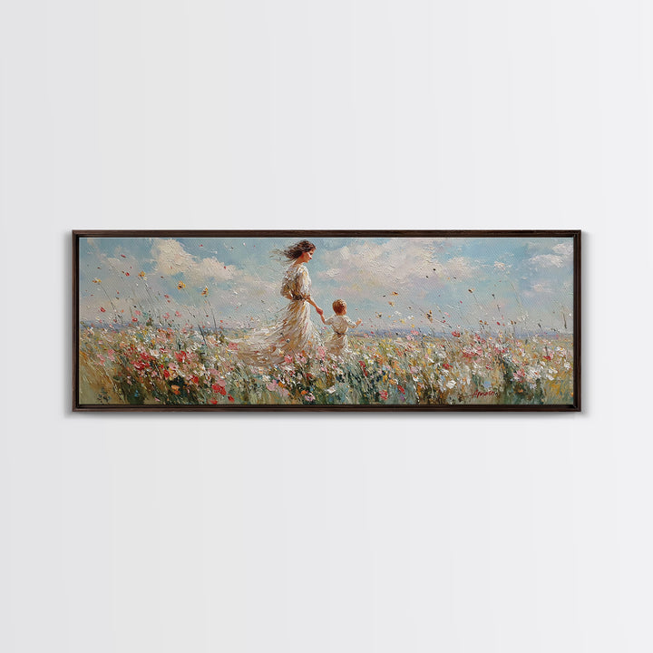 Mother And Child Walking Through Wildflowers Wall Art, Impressionist Meadow Canvas Print, Nursery Decor Gift For Mom And Her