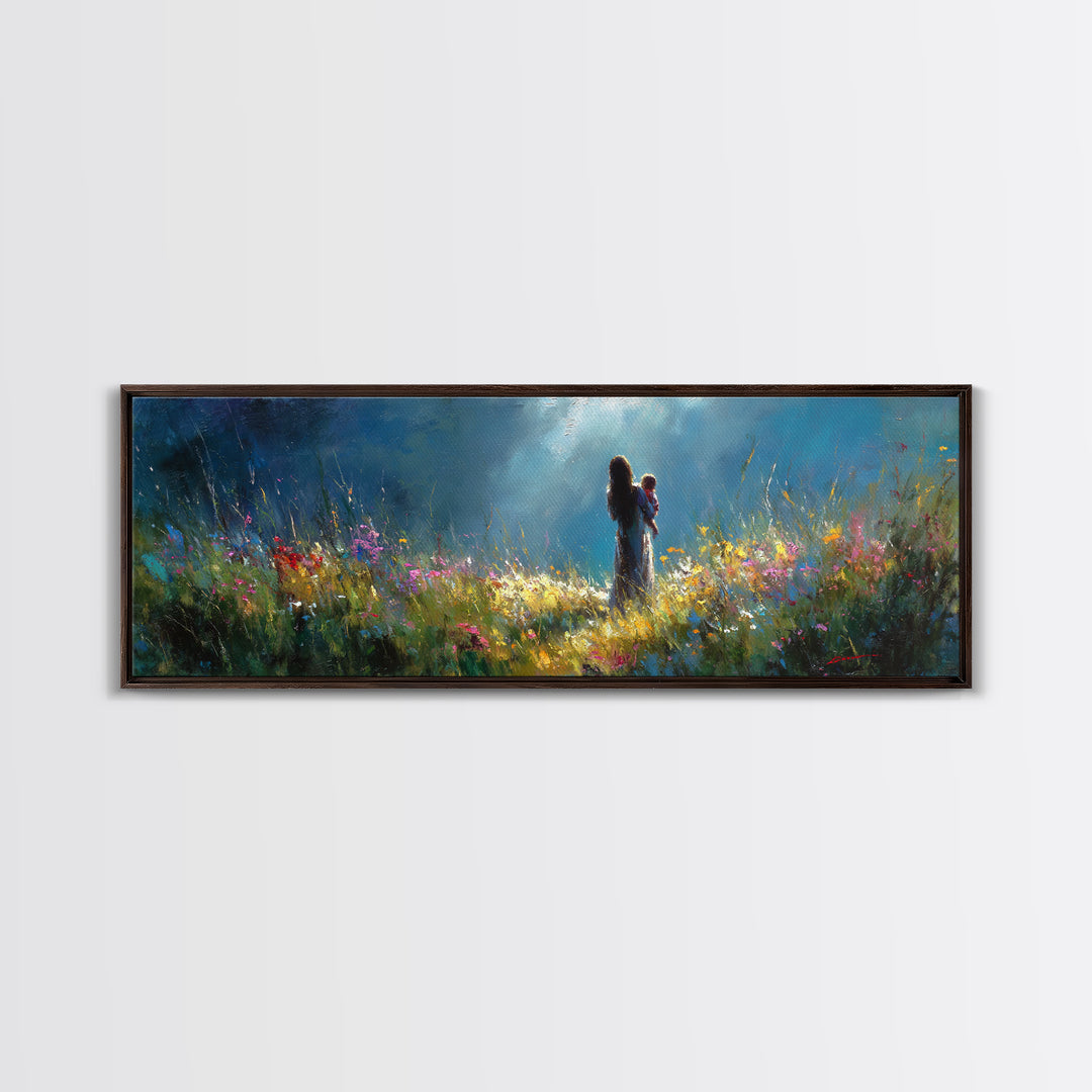 Moonlit Mother Holding Baby In Wildflower Meadow Wall Art, Impressionist Canvas Print, Nursery Decor Gift For Mom And Her