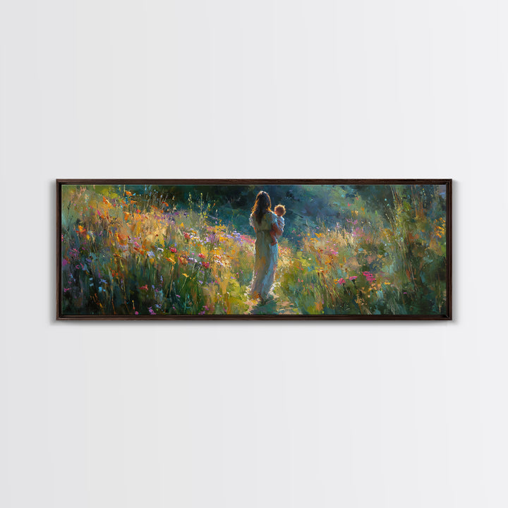 Mother And Baby In Sunlit Wildflower Path Wall Art, Impressionist Landscape Canvas Print, Nursery Decor Gift For Mom And Her