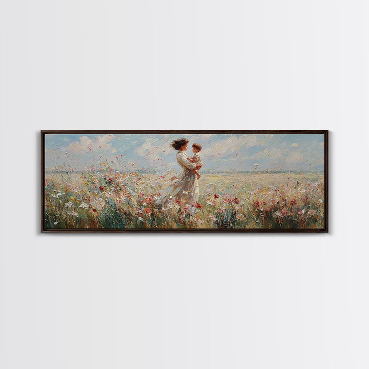 Mother Embracing Child In Breezy Wildflower Field Wall Art, Impressionist Canvas Print, Feminine Nursery Decor Gift For Mom
