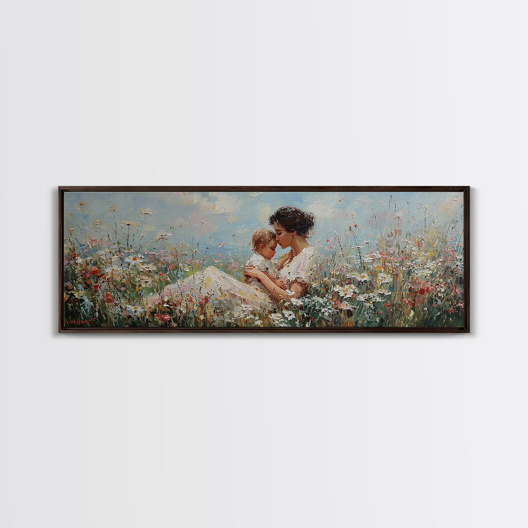 Seated Mother Cuddling Baby Among Wildflowers Wall Art, Impressionist Floral Canvas Print, Nursery Decor Gift For Mom And Her