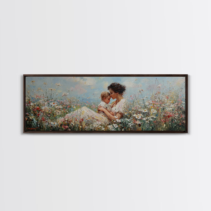 Seated Mother Cuddling Baby Among Wildflowers Wall Art, Impressionist Floral Canvas Print, Nursery Decor Gift For Mom And Her
