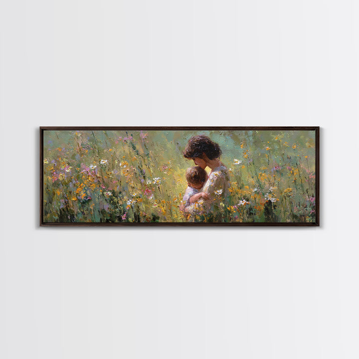 Mother Snuggling Baby In Golden Wildflower Meadow Wall Art, Impressionist Canvas Print, Feminine Nursery Decor Gift For Mom