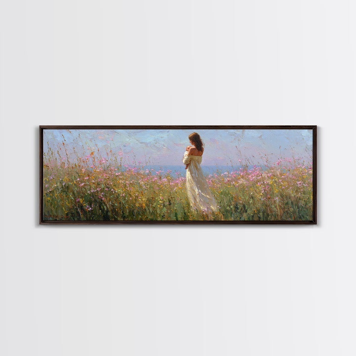 Mother Holding Baby In Open Wildflower Field Wall Art, Impressionist Landscape Canvas Print, Feminine Nursery Decor Gift