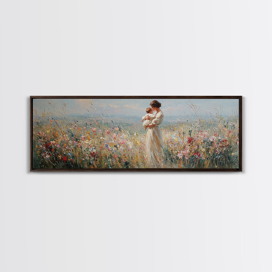 Mother And Baby In Wildflower Meadow Wall Art, Panoramic Canvas Print For Nursery Decor, Feminine Bedroom, Gift For Mom Art