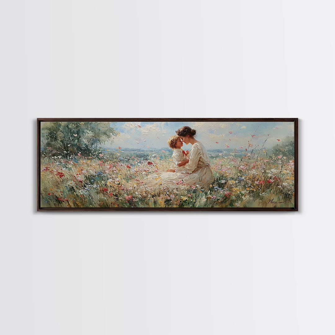 Mother Kissing Child In Butterfly Meadow Wall Art, Panoramic Framed Canvas Print, Floral Nursery Decor, New Mom Gift For Her