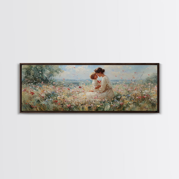 Mother Kissing Child In Butterfly Meadow Wall Art, Panoramic Framed Canvas Print, Floral Nursery Decor, New Mom Gift For Her
