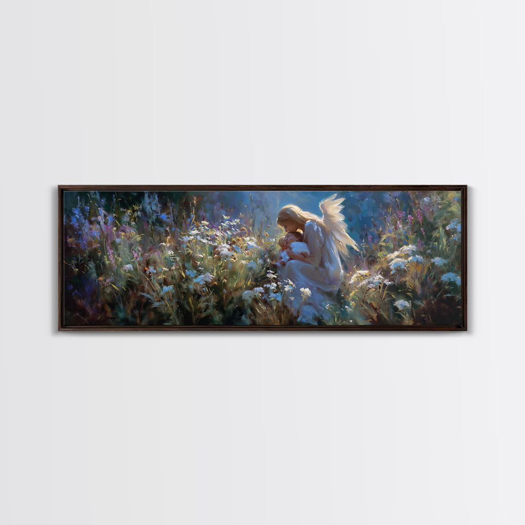 Angel Mother Holding Baby In Moonlit Flowers Wall Art, Spiritual Framed Canvas Print, Celestial Nursery Decor, Baptism Gift