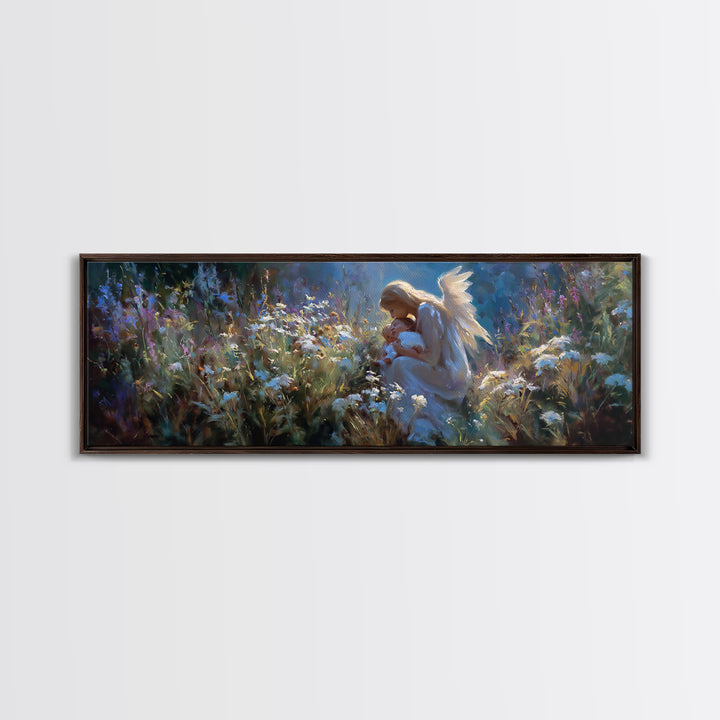 Angel Mother Holding Baby In Moonlit Flowers Wall Art, Spiritual Framed Canvas Print, Celestial Nursery Decor, Baptism Gift