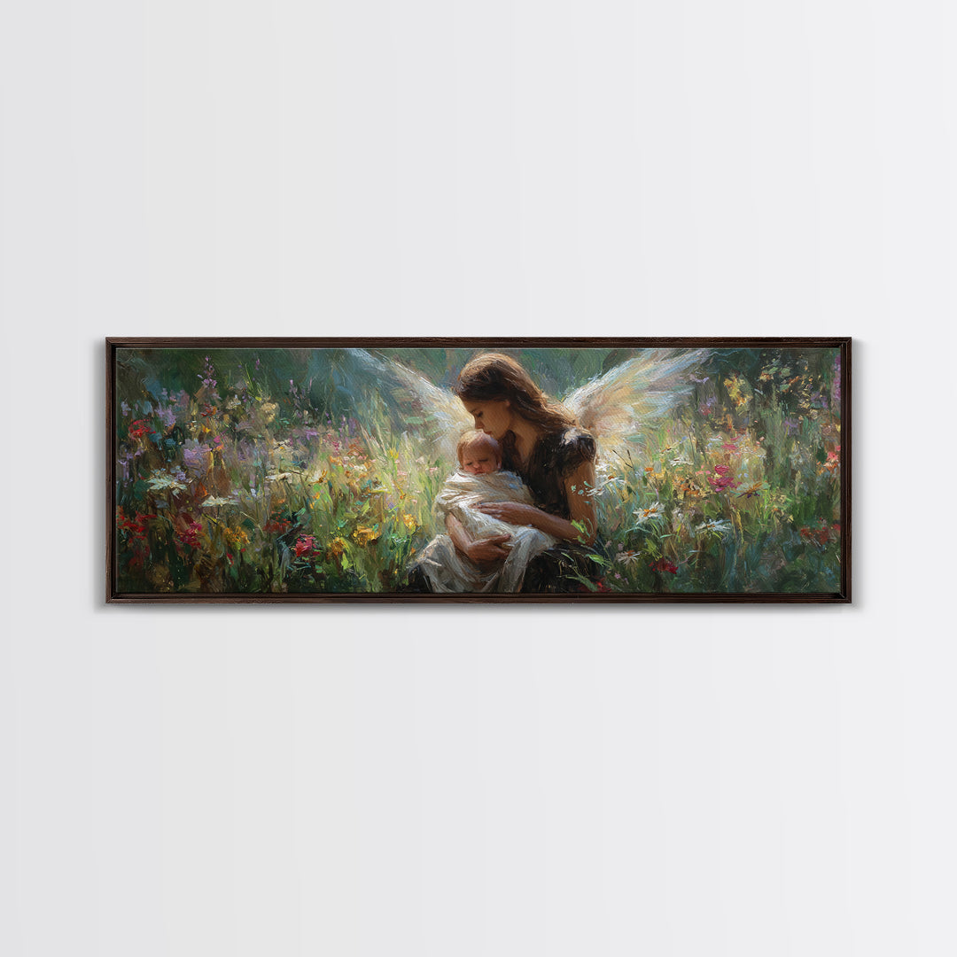 Guardian Angel Cradling Infant In Wildflower Meadow Wall Art, Celestial Canvas Print, Spiritual Nursery Decor, New Baby Gift