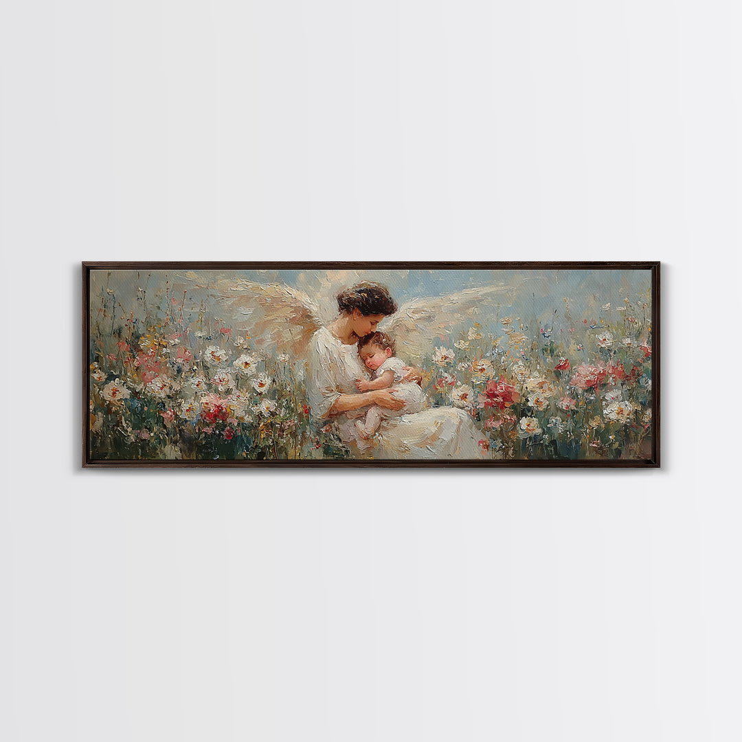 Tender Angel Mother Holding Baby In Flower Meadow Canvas Print, Christian Nursery Art, Mother's Day Gift, Peaceful Wall Art