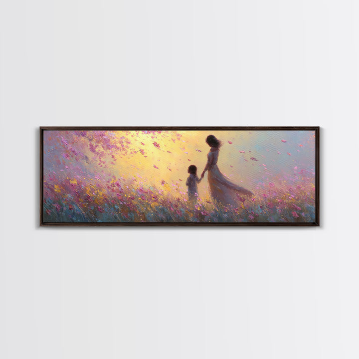 Mother And Child Walking Through Pink Petal Meadow Canvas Print, Feminine Wall Art, Nursery Decor, Gift For Her, Home Decor