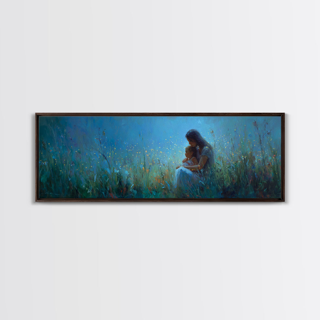 Moonlit Mother And Child Sitting In Blue Meadow Framed Canvas Print, Celestial Wall Art, Nursery Decor, Gift For Mom, Home Decor