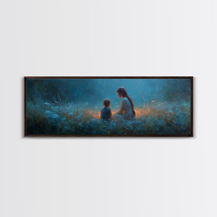 Blue Twilight Mother And Child In Wildflower Meadow Large Wall Art, Serene Nursery Decor, Christian Gift For Mom, Home Decor