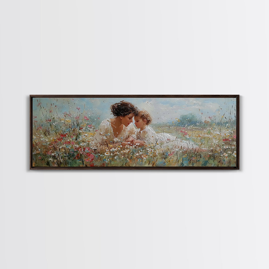 Mother And Baby In Blooming Garden Framed Canvas Print, Floral Wall Art, Nursery Decor, Gift For Mom, Living Room Wall Art