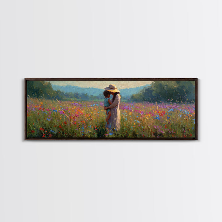 Mother And Child Embracing In Summer Meadow Wall Art, Colorful Canvas Print, Boho Wall Decor, Housewarming Gift, Bedroom Art