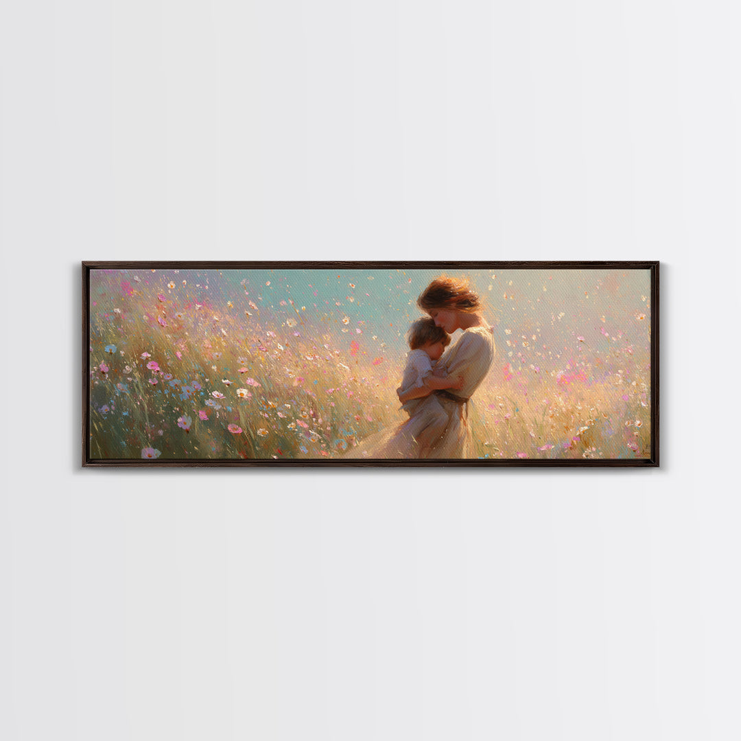 Golden Mother And Child In Pastel Wildflowers Canvas Print, Romantic Wall Art, Feminine Decor, Gift For Her, Above Bed Art