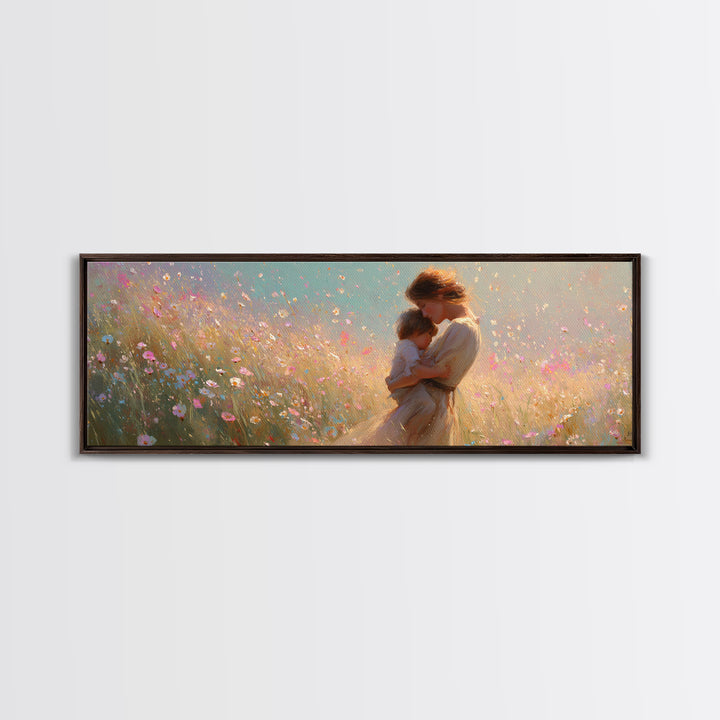 Golden Mother And Child In Pastel Wildflowers Canvas Print, Romantic Wall Art, Feminine Decor, Gift For Her, Above Bed Art