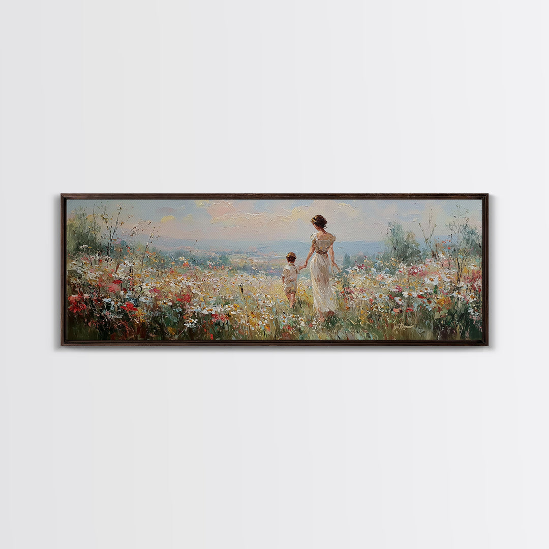 Mother And Child Walking Through Wildflower Meadow Wall Art, Panoramic Canvas Print, Coastal Decor, Nursery Art, Gift For Mom
