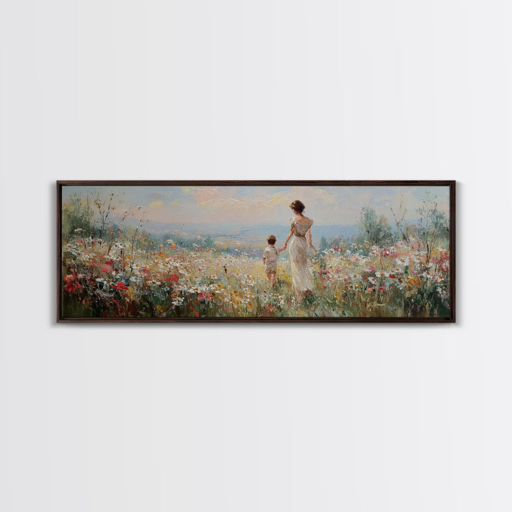 Mother And Child Walking Through Wildflower Meadow Wall Art, Panoramic Canvas Print, Coastal Decor, Nursery Art, Gift For Mom