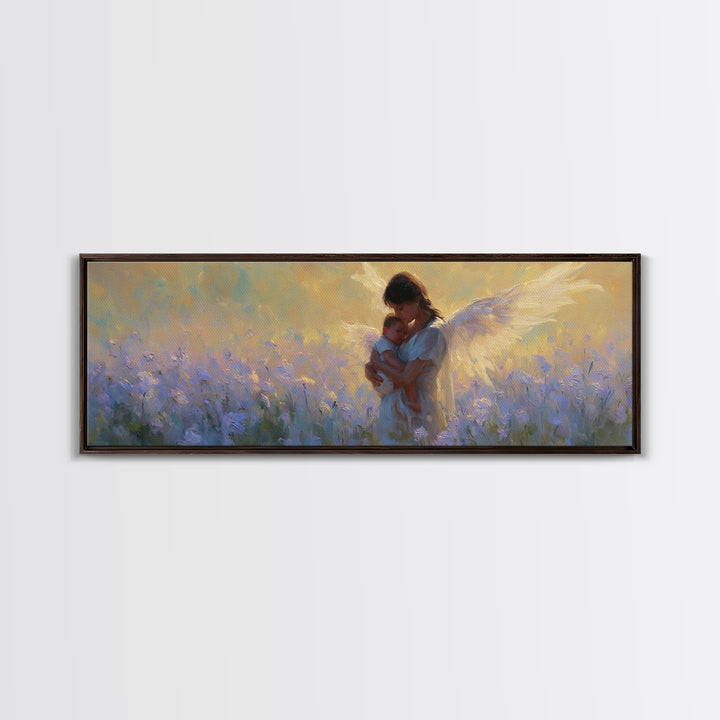 Guardian Angel Mother And Baby In Lavender Field Framed Canvas Print, Christian Wall Art, Nursery Decor, Gift For Mom, Home Decor