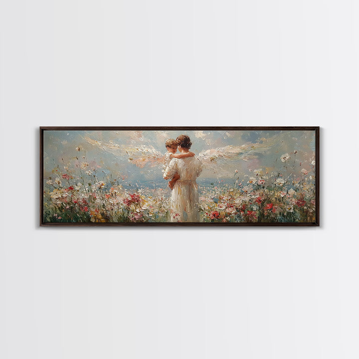 Angel Mother Embracing Child In Flower Garden Wall Art, Textured Oil Painting Framed Canvas Print, Christian Home Decor Gift