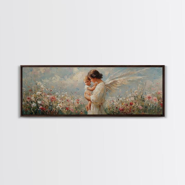 Angel Mother Holding Baby In Floral Meadow Canvas Print, Christian Wall Art, Guardian Angel Nursery Decor, Gift For Mom And Baby Shower Gift