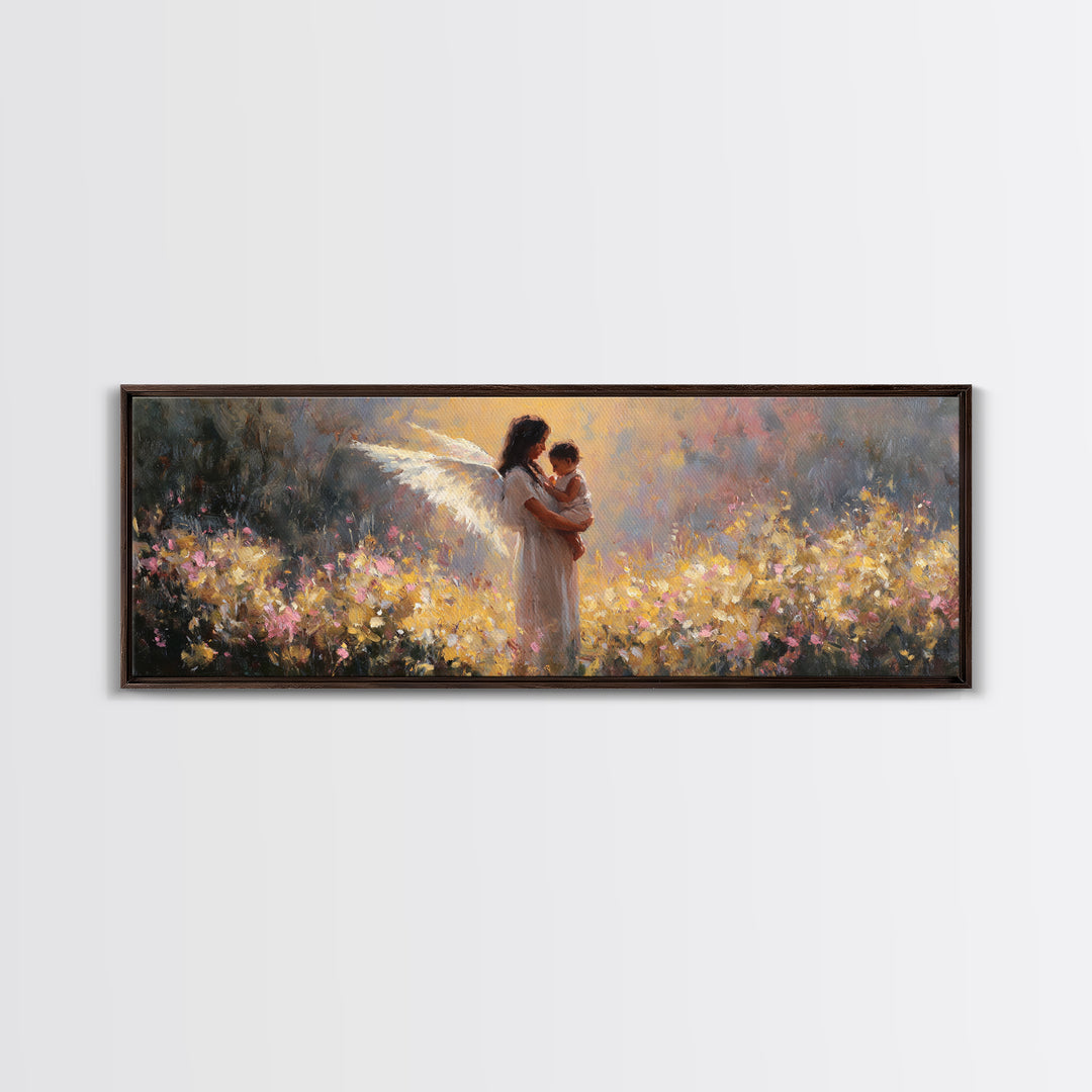 Glowing Angel Mother And Child In Flower Field Wall Art, Impressionist Framed Canvas Print, Christian Nursery Decor Gift
