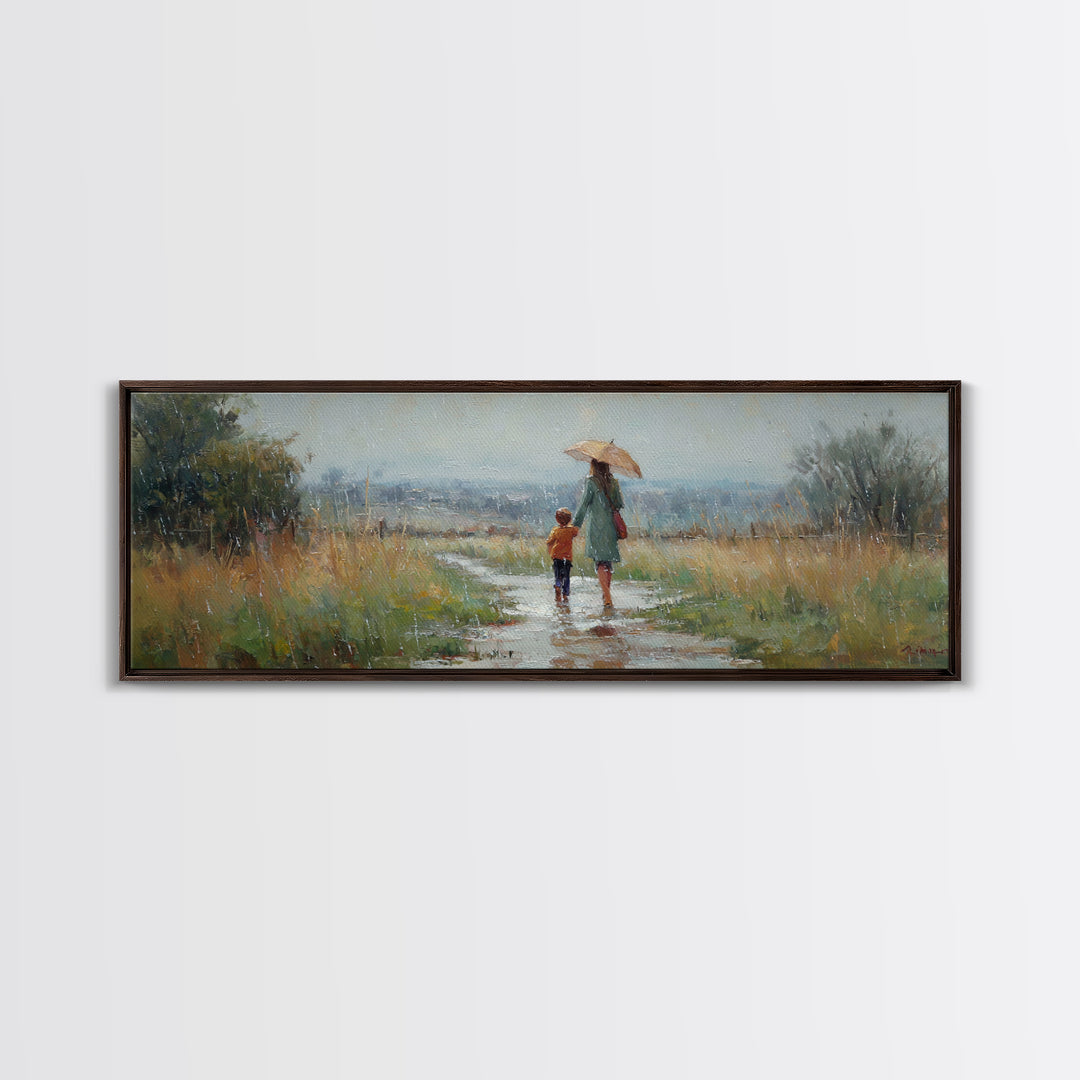 Mother And Child Walking In Rain Wall Art, Umbrella Country Path Landscape Canvas Print, Rustic Farmhouse Home Decor Gift