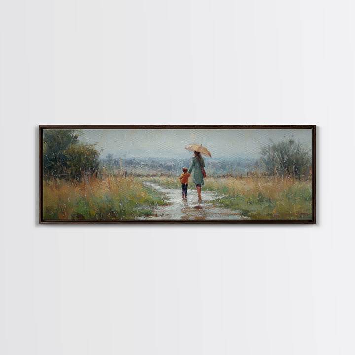 Mother And Child Walking In Rain Wall Art, Umbrella Country Path Landscape Canvas Print, Rustic Farmhouse Home Decor Gift