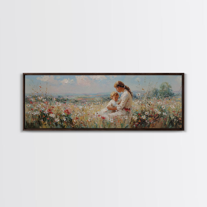 Mother And Toddler In Sunny Wildflower Meadow Framed Canvas Print, Impressionist Wall Art, Nursery Decor, Gift For Mom, Home Decor