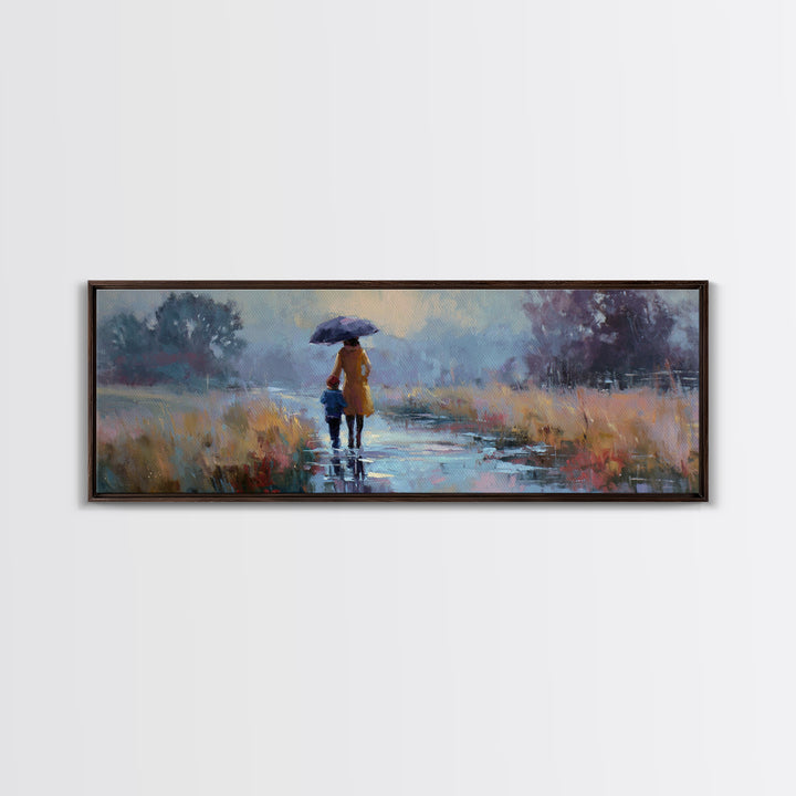 Mother And Child Walking In Rain With Blue Umbrella Framed Canvas Print, Moody Landscape Wall Art, Office Decor, Housewarming Gift