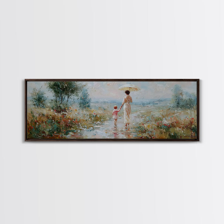 Mother And Child Strolling With Parasol In Misty Meadow Canvas Print, Impressionist Wall Art, Nursery Decor, Housewarming Gift