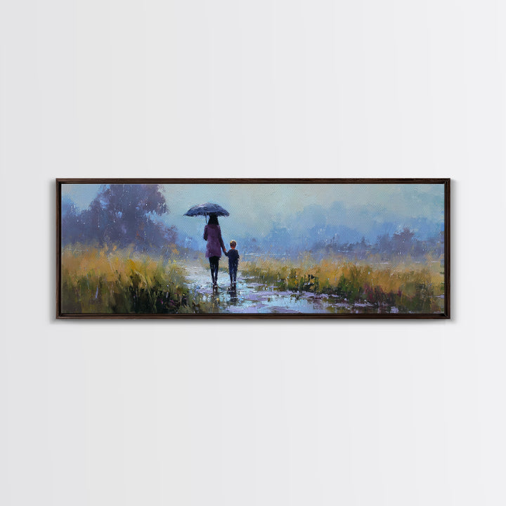 Mother And Son Under Blue Umbrella On Rainy Path Framed Canvas Print, Moody Landscape Wall Art, Bedroom Decor, Gift For Her