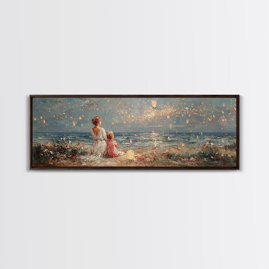 Mother And Child By Ocean Sunset Wall Art, Coastal Seascape Canvas Print, Nursery Decor, Living Room Decor, Gift For Mom, Home Decor
