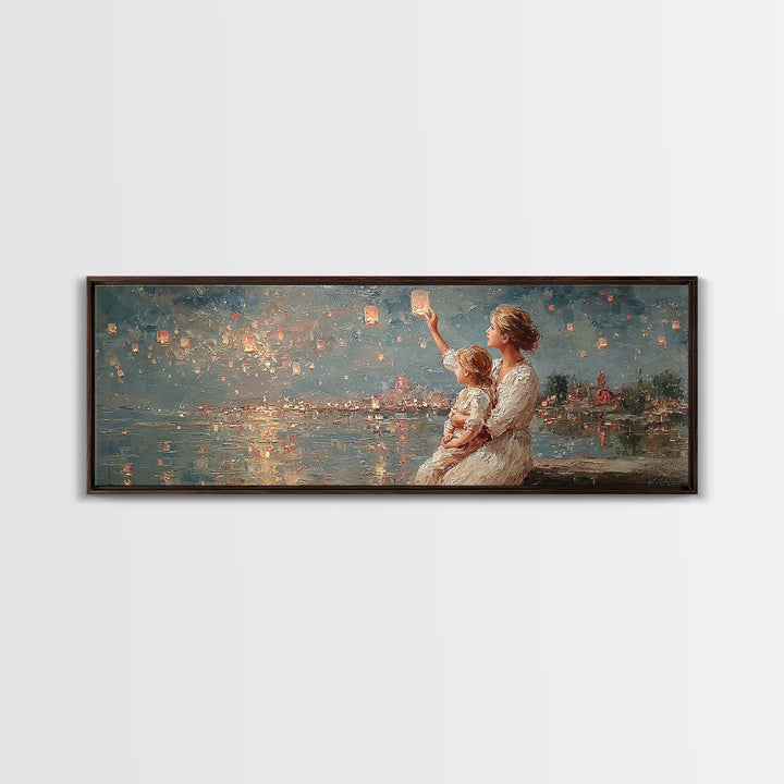Mother And Baby Lantern Festival Framed Canvas Print, Coastal Wall Art, Romantic Decor, Nursery Art, Housewarming Gift For Her
