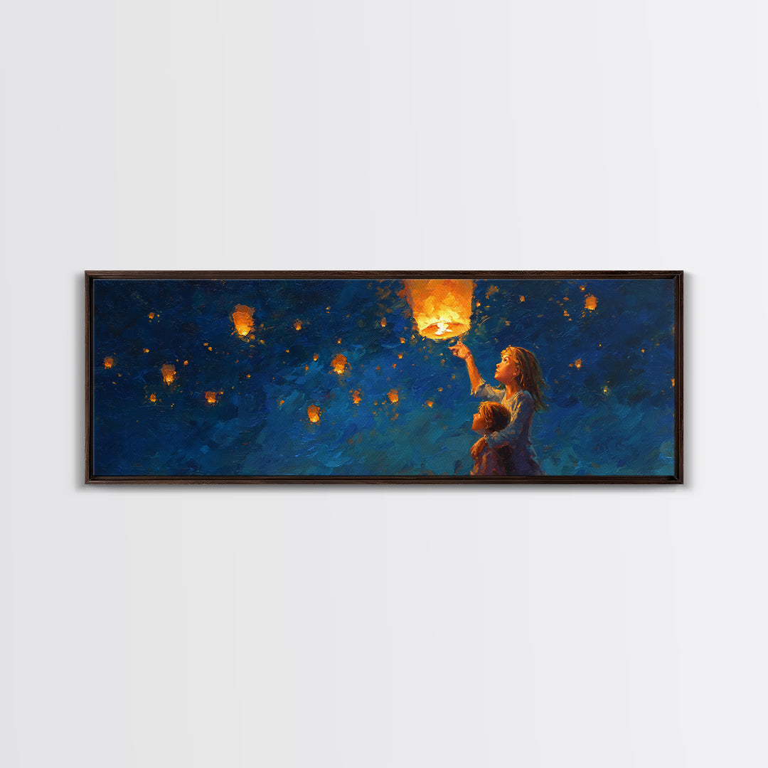 Children Lifting Glowing Sky Lantern Canvas Print, Celestial Wall Art, Kids Room Decor, Whimsical Decor, Nursery Art, Gift For Kids