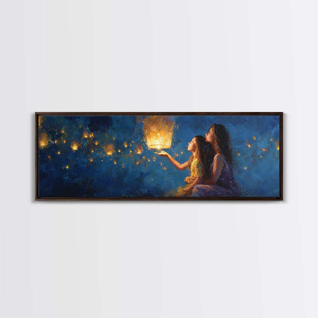 Sisters Holding Lantern Under Blue Night Wall Art, Celestial Canvas Print, Whimsical Decor, Bedroom Wall Art, Gift For Her