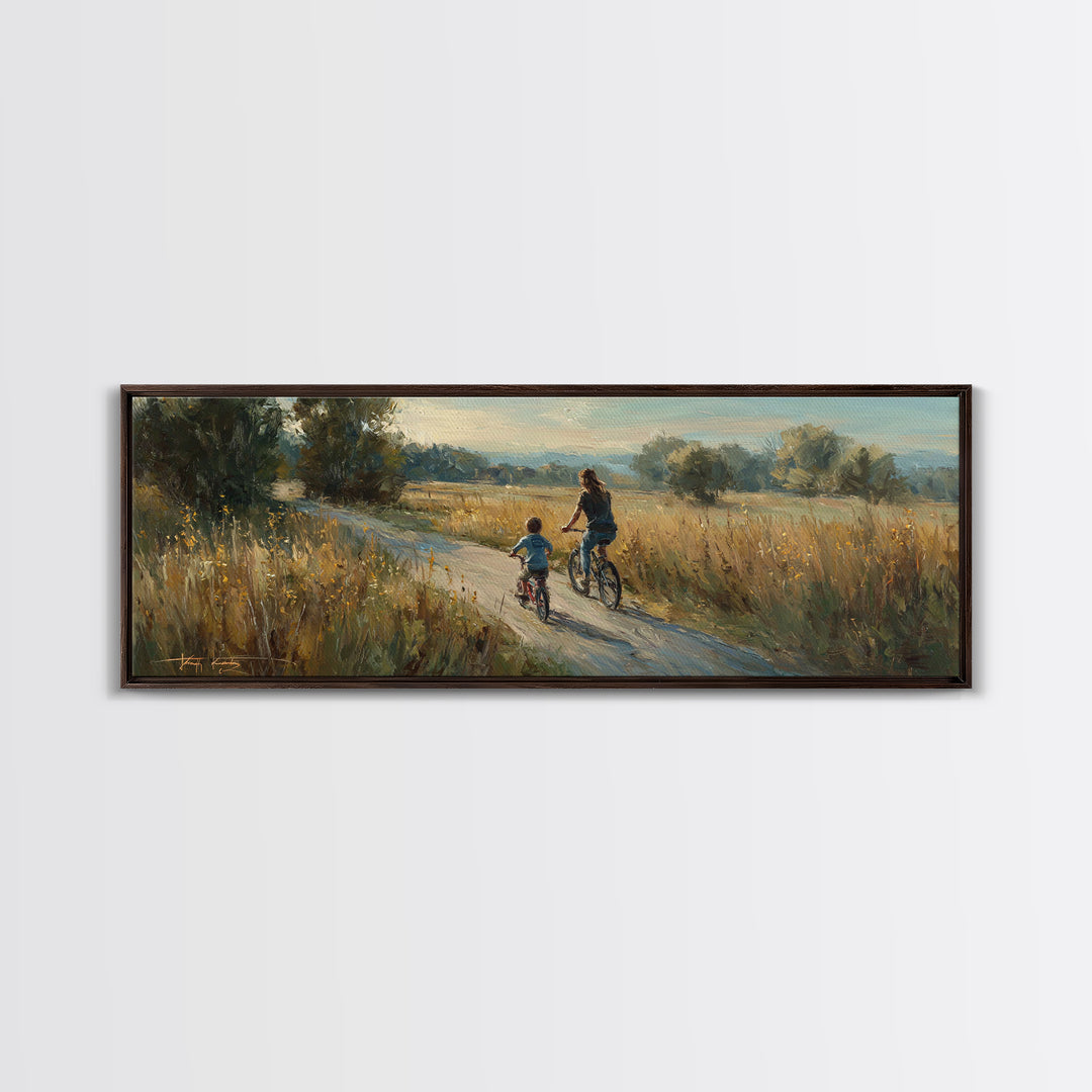 Mother And Child Biking Golden Meadow Canvas Print, Country Landscape Wall Decor, Housewarming Gift, Farmhouse Home Decor