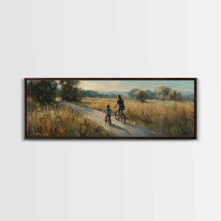 Mother And Child Biking Golden Meadow Canvas Print, Country Landscape Wall Decor, Housewarming Gift, Farmhouse Home Decor
