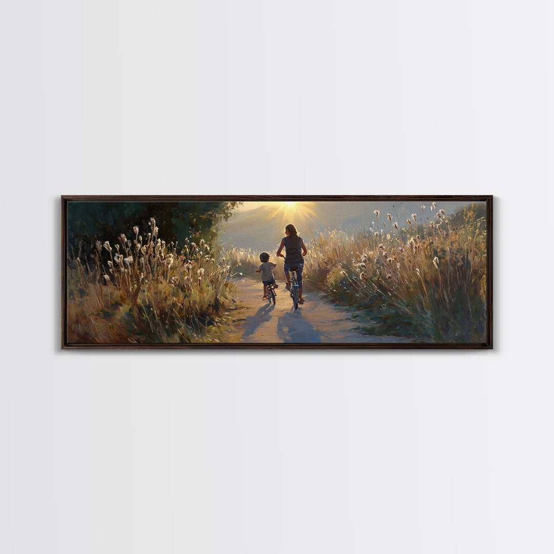 Sunlit Mother And Child Biking Path Framed Canvas Print, Golden Meadow Landscape, Living Room Wall Art, Housewarming Gift