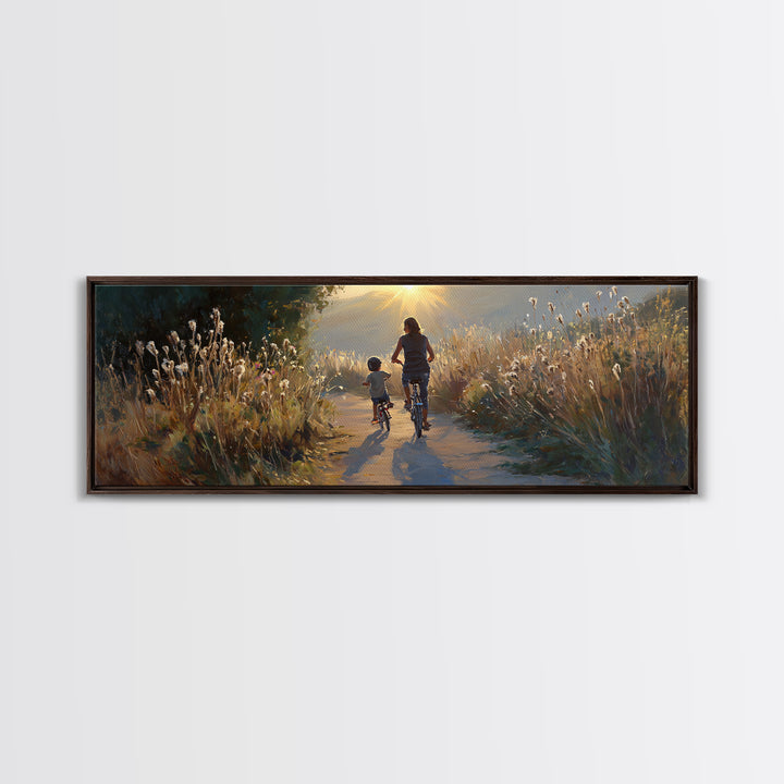 Sunlit Mother And Child Biking Path Framed Canvas Print, Golden Meadow Landscape, Living Room Wall Art, Housewarming Gift