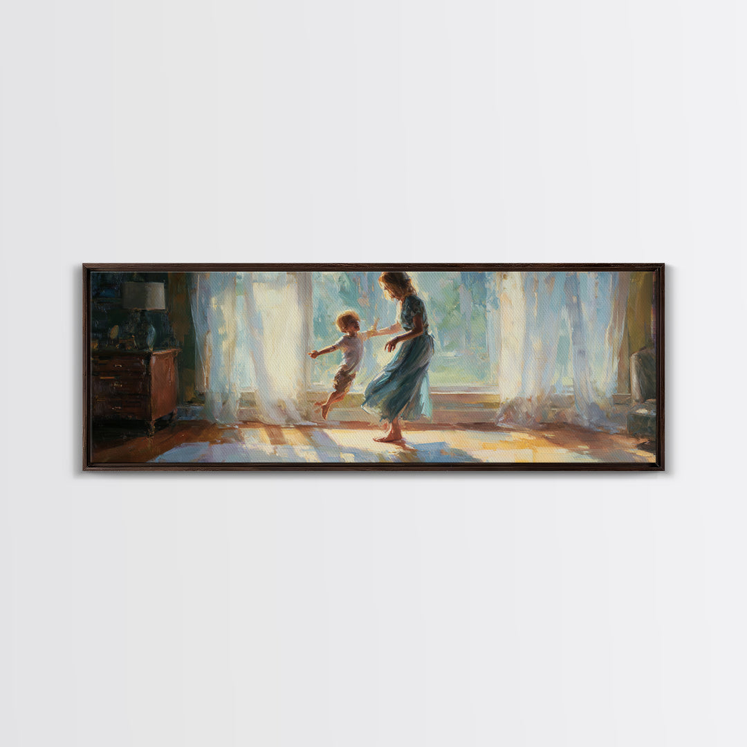 Mother And Child Dancing In Sunlit Room Canvas Print, Warm Window Light, Family Wall Decor, Bedroom Art, Gift For Her, Home Decor