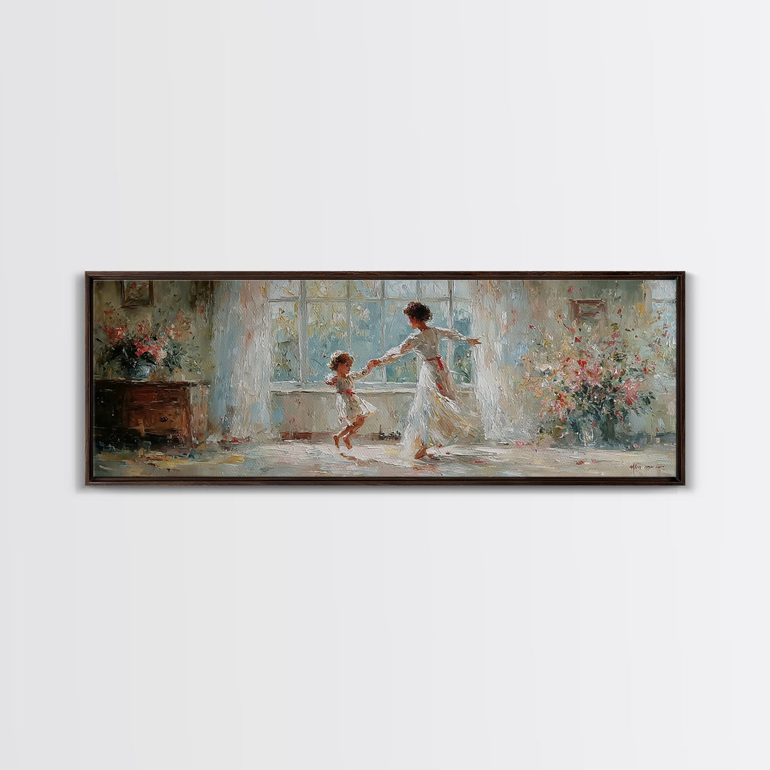 Mother And Daughter Dancing In White Dress Wall Art, Floral Window Interior, Feminine Wall Decor, Fine Art Print, Bedroom Decor