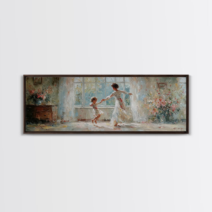 Mother And Daughter Dancing In White Dress Wall Art, Floral Window Interior, Feminine Wall Decor, Fine Art Print, Bedroom Decor