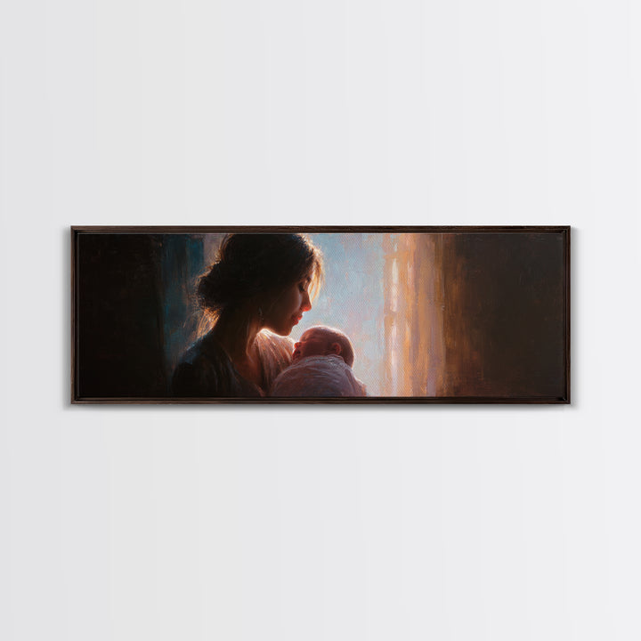 Mother Holding Newborn By Window Wall Art, Tender Motherhood Canvas Print, Baby Nursery Decor, Gift For Mom, Fine Art Print